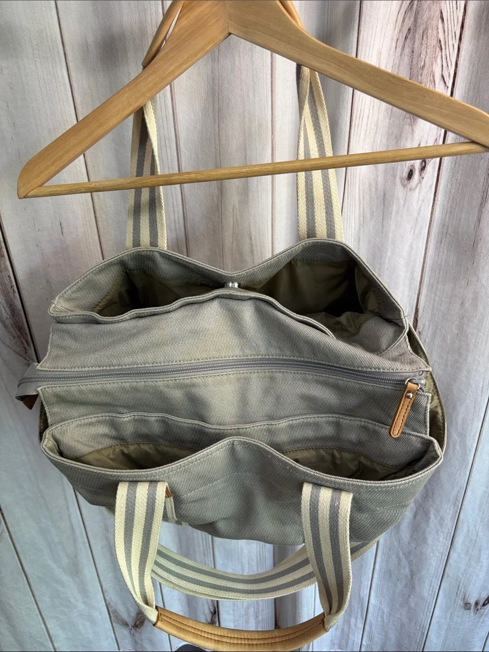 Pottery Barn Kids Classic Gray Stripe Diaper Bag Leather Trim